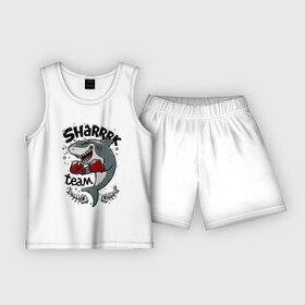 Детская пижама с шортами хлопок с принтом Shark boxing team в Курске,  |  | boxing gloves | fangs | fin | force | jaw | power | shark | tail | team | teeth | акула | бокс | зубы | клыки | мощь | пасть | перчатки | плавник | сила | хвост