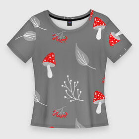 Женская футболка 3D Slim с принтом Грибочки на сером фоне, паттерн в Курске,  |  | berries | berry | cottagecore | forest | gray | mushroom | red | white | белый | бесшовный | ветки | веточки | грибочки | грибы | детский | красный | лес | лето | листики | листья | милый | минималистичный | мухоморы | осень | паттерн