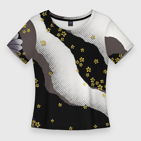 Женская футболка 3D Slim с принтом JAPAN PATTERN в Курске,  |  | без лишнего | дизайн кимоно | кимоно | на каждый день | на лето | узор | узоры | цветок | цветочки | цветы | черно белый паттерн | япония | японские узоры | японский орнамент | японский паттерн