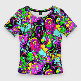Женская футболка 3D Slim с принтом Щупальца и слизь в Курске,  |  | абстракция | желтый | зеленый | радуга | слизь | фон | черный | щупальца