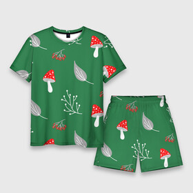Мужской костюм с шортами 3D с принтом Грибочки на зеленом фоне, паттерн в Курске,  |  | berries | berry | cottagecore | forest | gray | mushroom | red | white | белый | бесшовный | ветки | веточки | грибочки | грибы | детский | зелены | красный | лес | лето | листики | листья | милый | минималистичный | мухоморы | осень