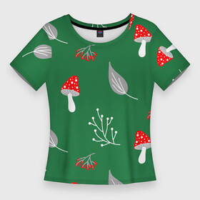 Женская футболка 3D Slim с принтом Грибочки на зеленом фоне, паттерн в Курске,  |  | berries | berry | cottagecore | forest | gray | mushroom | red | white | белый | бесшовный | ветки | веточки | грибочки | грибы | детский | зелены | красный | лес | лето | листики | листья | милый | минималистичный | мухоморы | осень