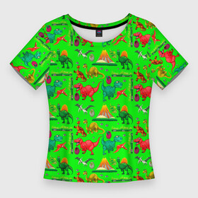 Женская футболка 3D Slim с принтом TEXTURE WITH DINOSAURS в Курске,  |  | brontosaurus | egg | pterodactyl | tyrannosaurus | volcano | бронтозавр | вулкан | птеродактиль | тиранозавр | яйцо