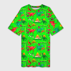 Платье-футболка 3D с принтом TEXTURE WITH DINOSAURS в Курске,  |  | brontosaurus | egg | pterodactyl | tyrannosaurus | volcano | бронтозавр | вулкан | птеродактиль | тиранозавр | яйцо