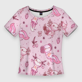Женская футболка 3D Slim с принтом Аксолотль саламандра в Курске,  |  | аксолотль | игра | личинка | лунтик | майнкрафт | розовый | саламандра | фон | ящерица