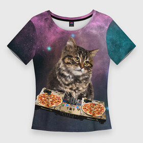 Женская футболка 3D Slim с принтом Космический котёнок диджей  Space DJ Cat в Курске,  |  | galaxy | in space | pizza | vinyl | vynil | в космосе | винил | вселенная | галактика | диск жокей | космическая кошка | космический кот | космос | кот | котик | котята | микшер | пицца | прикол | пульт | юмор