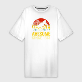 Платье-футболка хлопок с принтом Потрясающий динозавр 1974 года в Курске,  |  | 1974 | 74 | dino | dinosaur | tyrannosaurus | tyrex | архозавр | год | год рождения | день рождения | дино | динозавр | динозавры | ко дню рождения | на день рождения | прямиком из | родился в | сделан в | тираннозавр