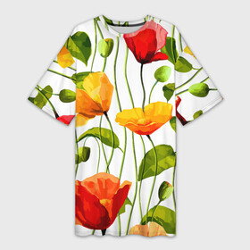 Платье-футболка 3D с принтом Волнообразный узор из цветков мака  Лето в Курске,  |  | fashion | flowers | leaf | pattern | stem | summer | лето | лист | маки | мода | паттерн | стебель | цветы