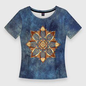 Женская футболка 3D Slim с принтом Мандала цветок в Курске,  |  | Тематика изображения на принте: веган | выцветший | джинса | джнсовый | зож | йога | лепестки | мантра | медитация | потертый | узор | цветок | чакры | эзотерика