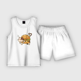Детская пижама с шортами хлопок с принтом Кот  гамбургер в Курске,  |  | Тематика изображения на принте: бигмак | гамбургер | кот | котенок | кошка | мак | макдональдс