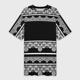 Платье-футболка 3D с принтом Белое кружево на черном фоне lace в Курске,  |  | black background | lace | white lace | белое кружево | белый и черный | кружево | черный