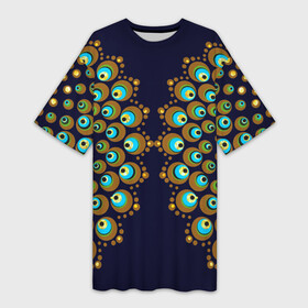 Платье-футболка 3D с принтом Мандала из павлиньих перьев в Курске,  |  | Тематика изображения на принте: геометрия | йога | круг | круги | круглый узор | медитация | павлин | павлиньи | перо | перья | симметрия | стмметричный | узоры | чакры