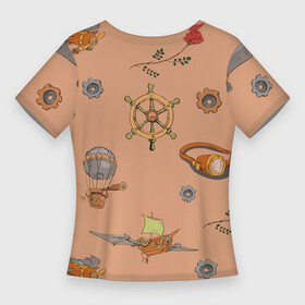Женская футболка 3D Slim с принтом Паттерн в стиле Стимпанк  Ретро в Курске,  |  | air balloon | gear | hat | pattern | plane | rose | ship | wings | воздушный шар | корабль | крылья | очки | паттерн | роза | самолёт | шестерёнка | шляпа
