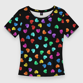Женская футболка 3D Slim с принтом Сердечки разноцветные на черном в Курске,  |  | любовь | разноцветные | сердечки | сердца | цветные | яркий принт