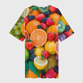 Платье-футболка 3D с принтом ABUNDANCE OF FRUITS в Курске,  |  | colorful | fresh | grape | green | healthy | lemon | orange | pineapple | red | strawberry | summer | sweet | vegetarian | yellow | ананас | апельсин | вегетарианский | виноград | желтый | здоровый | зеленый | клубника | красный | красочный | лето | лимон