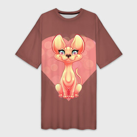 Платье-футболка 3D с принтом Кот сфинкс с сердцем в Курске,  |  | sphynx cat | донской сфинкс кот | канадский сфинкс кот | кот петерболд | кот питерболд | кот сфинкс | кот сфинкс сердце | кошка сфинкс