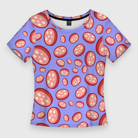 Женская футболка 3D Slim с принтом Колбасный дождь в Курске,  |  | дождь из колбасы | колбаса | колбаска | колбасный дождь | пеперони | сосиска | сосиски