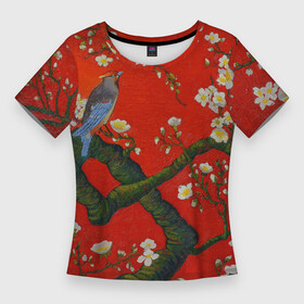 Женская футболка 3D Slim с принтом Птица на ветвях сакуры в Курске,  |  | ван гог | весна | ветви | ветки | дерево | живопись | искусство | красный | миндаль | природа | птица | сакура | цветы