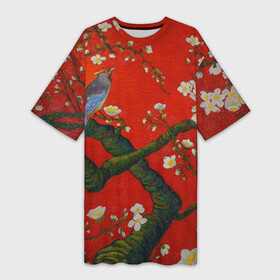 Платье-футболка 3D с принтом Птица на ветвях сакуры в Курске,  |  | ван гог | весна | ветви | ветки | дерево | живопись | искусство | красный | миндаль | природа | птица | сакура | цветы