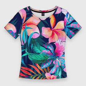 Женская футболка 3D Slim с принтом Яркие тропические цветы  Лето в Курске,  |  | color | fashion | flowers | leaves | summer | tropics | лето | листья | мода | тропики | цвет | цветы