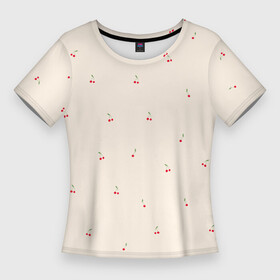 Женская футболка 3D Slim с принтом Вишня на бежевом фоне в Курске,  |  | бежевый | вишенка | вишнёвый | вишня | детский принт | зелень | красный | лето | милый принт | паттерн | тепло | фрукт | ягоды
