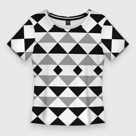 Женская футболка 3D Slim с принтом Черно белый геометрический узор треугольники в Курске,  |  | geometric pattern | geometric shapes | геометрические фигуры | геометрический узор | треугольники | черно белый