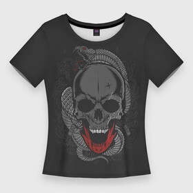 Женская футболка 3D Slim с принтом ЧЕРЕП СО ЗМЕЁЙ в Курске,  |  | Тематика изображения на принте: art | background | gothic | skeleton | skull | snake | teeth | арт | готика | змея | зубы | скелет | фон | череп