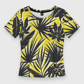 Женская футболка 3D Slim с принтом Красочная Тропическая Листва в Курске,  |  | jungles | palm | palm tree | summer | букет | деревья | джунгли | лето | листья | пальма | природа | растение | тропики | флора | чёрный