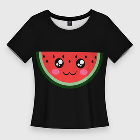 Женская футболка 3D Slim с принтом Арбузик на черном фоне в Курске,  |  | арбуз | арбузик | арбузик на черном фоне | арбузы | красный | лето | милый | сладкий | сочный | черный | черный фон