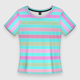 Женская футболка 3D Slim с принтом Pink turquoise stripes horizontal Полосатый узор в Курске,  |  | pink | stripes | turquoise | бирюзовый | горизонтальные полосы | зеленые полосы | полосатый узор | разноцветные полосы | розовый