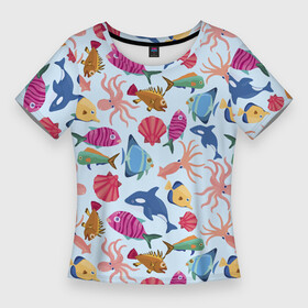 Женская футболка 3D Slim с принтом Паттерн из морских жителей  Лето в Курске,  |  | calmar | fin | fish | killer whale | octopus | shell | summer | кальмар | касатка | лето | осьминог | плавник | ракушка | рыба