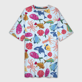 Платье-футболка 3D с принтом Паттерн из морских жителей  Лето в Курске,  |  | calmar | fin | fish | killer whale | octopus | shell | summer | кальмар | касатка | лето | осьминог | плавник | ракушка | рыба