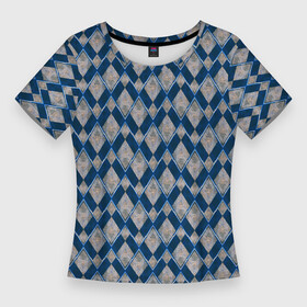 Женская футболка 3D Slim с принтом Синие, бежевые ромбы в Курске,  |  | beige | blue | blue rhombuses | geometric | harlequin | rhombic | rhombuses | texture | textured | zig zag | арлекин | бежевые | геометрический | зиг заг | ромбический | ромбы | синие | синие ромбы | текстура | текстурированный