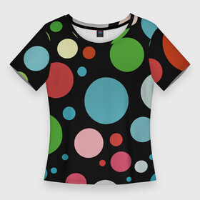 Женская футболка 3D Slim с принтом Разноцветные круги на чёрном фоне в Курске,  |  | circle | color | conposition | fashion | композиция | круг | мода | цвет
