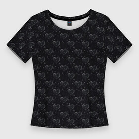 Женская футболка 3D Slim с принтом Серые сердца на темном фоне в Курске,  |  | любовь | монохром | паттерн | сердце | темное | узоры | черное | черное сердце | черный