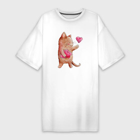 Платье-футболка хлопок с принтом Рыжий котик дарит свою любовь в Курске,  |  | Тематика изображения на принте: кот | котик | кошка | любовь | сердечко | сердце