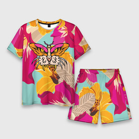 Мужской костюм с шортами 3D с принтом Цветы, бабочка и морда тигра в Курске,  |  | Тематика изображения на принте: butterfly | fangs | flowers | illusion | jaw | tiger | бабочка | иллюзия | клыки | пасть | тигр | цветы