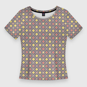 Женская футболка 3D Slim с принтом Желтые, оранжевый квадраты на сером в Курске,  |  | abstract | checkered | geometric | gray | orange | plaid | retro | s | squares | yellow | абстрактный | в клетку | геометрический | желтый | квадраты | клетка | клетчатый | лососевый | оранжевый | плед | ретро | светло серый | серый