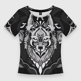 Женская футболка 3D Slim с принтом Черно белый волк в Курске,  |  | волк | голова волка | монохром | узор | хищник | черно белое