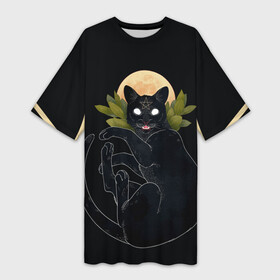 Платье-футболка 3D с принтом Кот в ночи в Курске,  |  | звезда | кот | кот в ночи | луна | пентаграмма | рисунок