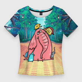 Женская футболка 3D Slim с принтом Розовая слониха со слонятами в Курске,  |  | розовый слон | слон | слониха | слоны | слонята