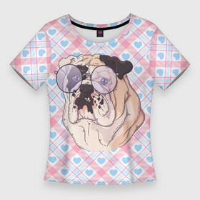 Женская футболка 3D Slim с принтом Морда бульдога в круглых очках в Курске,  |  | бульдог | круглые очки | пес | пёсик | собака