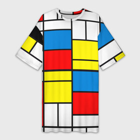 Платье-футболка 3D с принтом Texture of squares rectangles в Курске,  |  | abstraction | black | lines | neoplasticism | rectangles | red | squares | white | абстракция | белый | желтый | квадраты | композиция | красный | красочный | линии | минимализм | неопластицизм | прямоугольники | ретро | синий