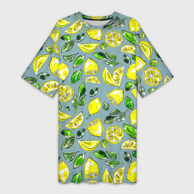 Платье-футболка 3D с принтом Порезанные лимоны  паттерн в Курске,  |  | greensoul | lemon | lemons | yellow lemons | желтые лимоны | желтые фрукты | желтый лимон | лимон | лимоны | рисунок лимонов | фрукт | фруктовая иллюстрация