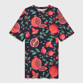 Платье-футболка 3D с принтом Красные гранаты на темном фоне в Курске,  |  | greensoul | pomegranate | гранат | гранаты | красные гранаты | красные фрукты | фрукт | фрукты | цветы граната