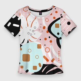 Женская футболка 3D Slim с принтом Абстрактные фигуры с пальмовыми листами на розовом фоне в Курске,  |  | абстрактные фигуры | абстракция | белый | вектор | векторный паттерн | геометрические фигуры | линии и точки | оранжевый | пальмовые листья | пальмовый | плательный | плоский | плоский рисунок