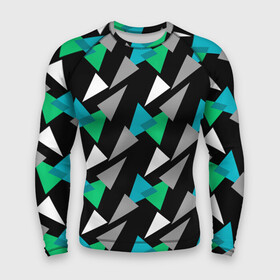 Мужской рашгард 3D с принтом Разноцветные треугольники на черном фоне в Курске,  |  | Тематика изображения на принте: геометрический узор | зеленый | серый | темный узор | треугольники