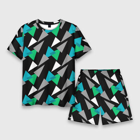 Мужской костюм с шортами 3D с принтом Разноцветные треугольники на черном фоне в Курске,  |  | Тематика изображения на принте: геометрический узор | зеленый | серый | темный узор | треугольники