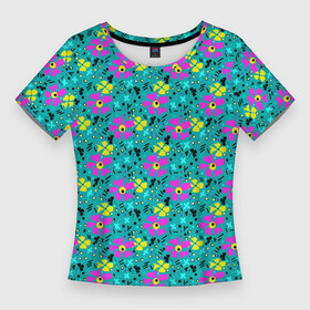 Женская футболка 3D Slim с принтом Яркий цветочный узор на бирюзовом фоне в Курске,  |  | Тематика изображения на принте: бирюзовый | детский принт | летний узор | розовые цветы | цветочный узор | цветы | яркий розовый