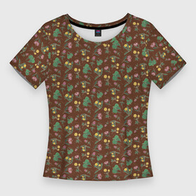 Женская футболка 3D Slim с принтом Цветы невероятной красоты на коричневом фоне в Курске,  |  | flor | floral | flower | herbal | клевер | лето | лютик | одуванчик | подорожник | поле | ромашки | цветочки | цветы